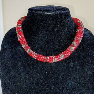19 1/2" red and gray tubular choker style necklace from glass seed beads